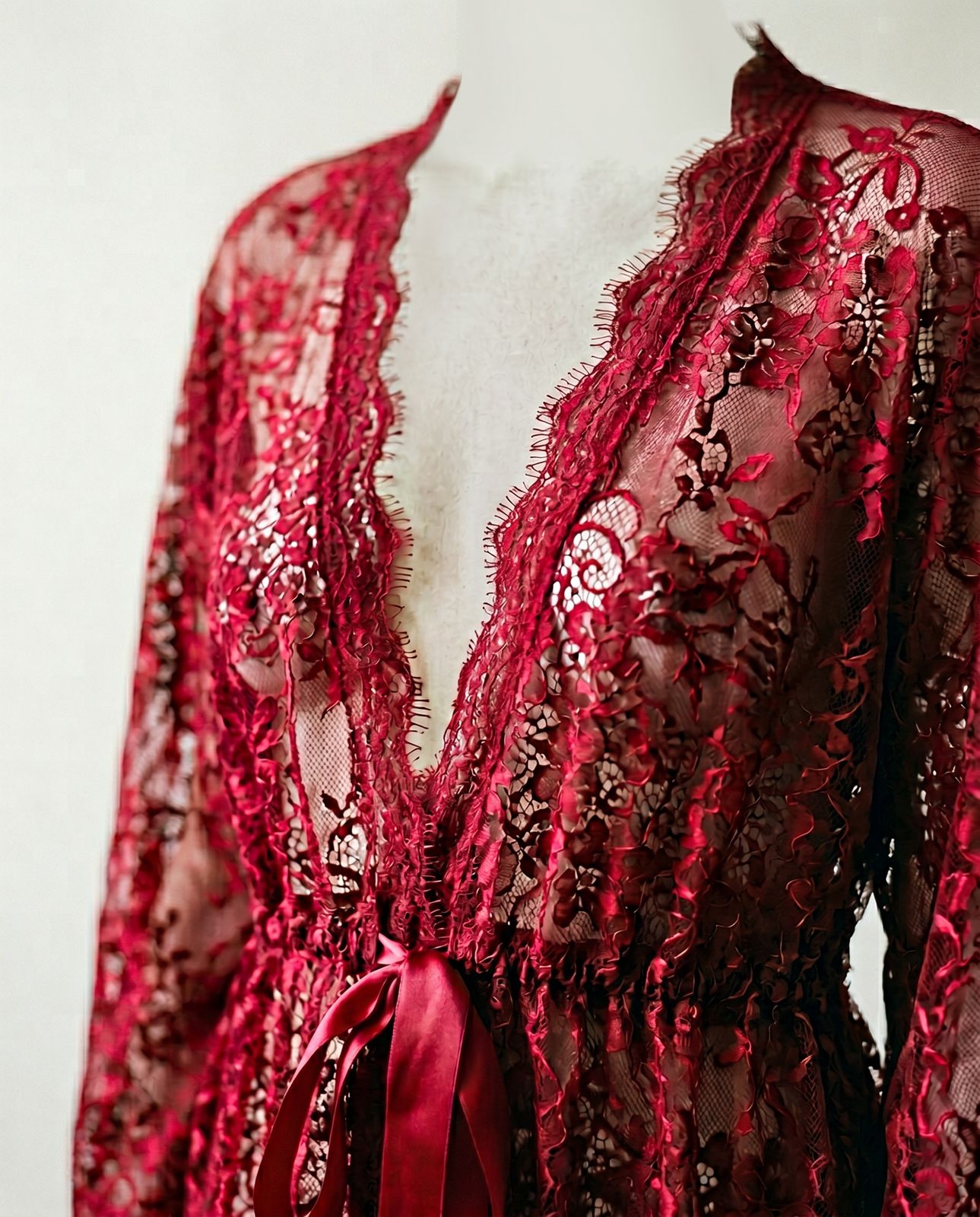 Vintage Red Lace Sheer Robe / Duster with Ribbon Tie
