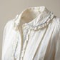 Vintage Cream Cotton Blouse with Ruffle Collar & Blue Trim