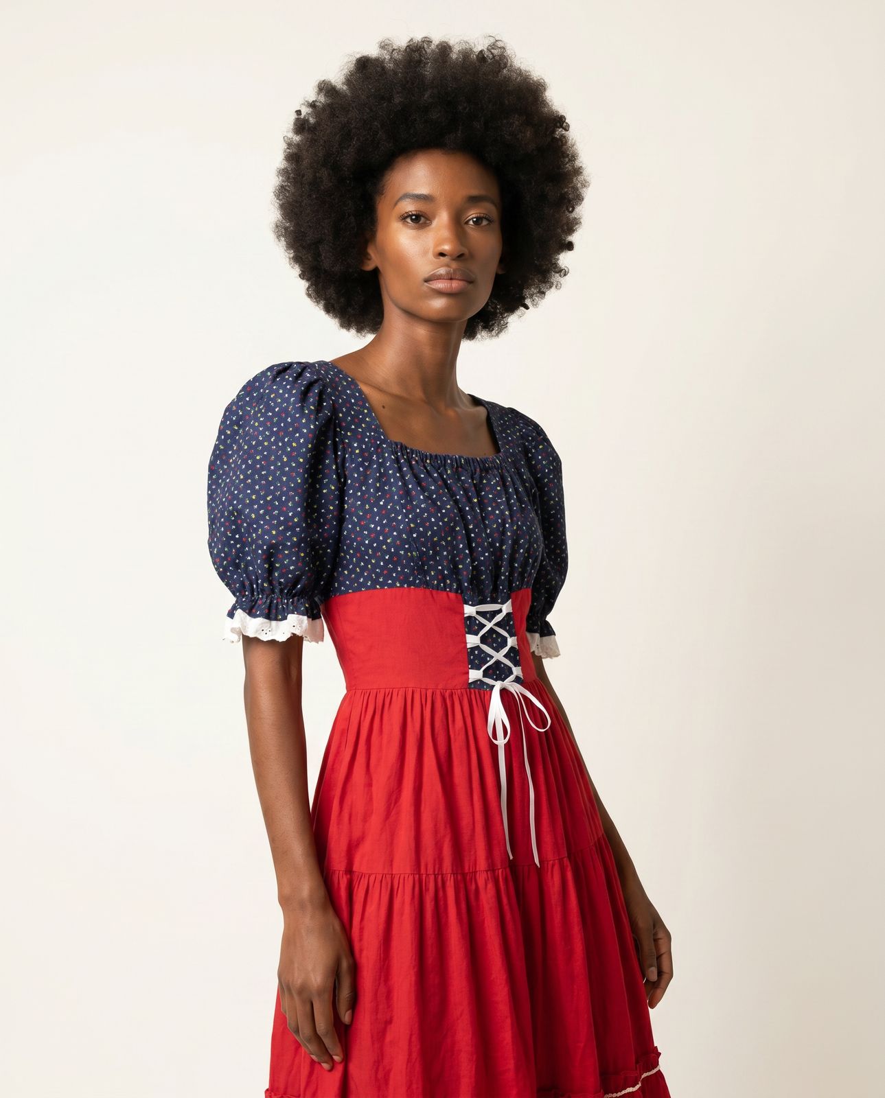 Vintage Milkmaid Lace-Up Midi Dress – Size XS/S