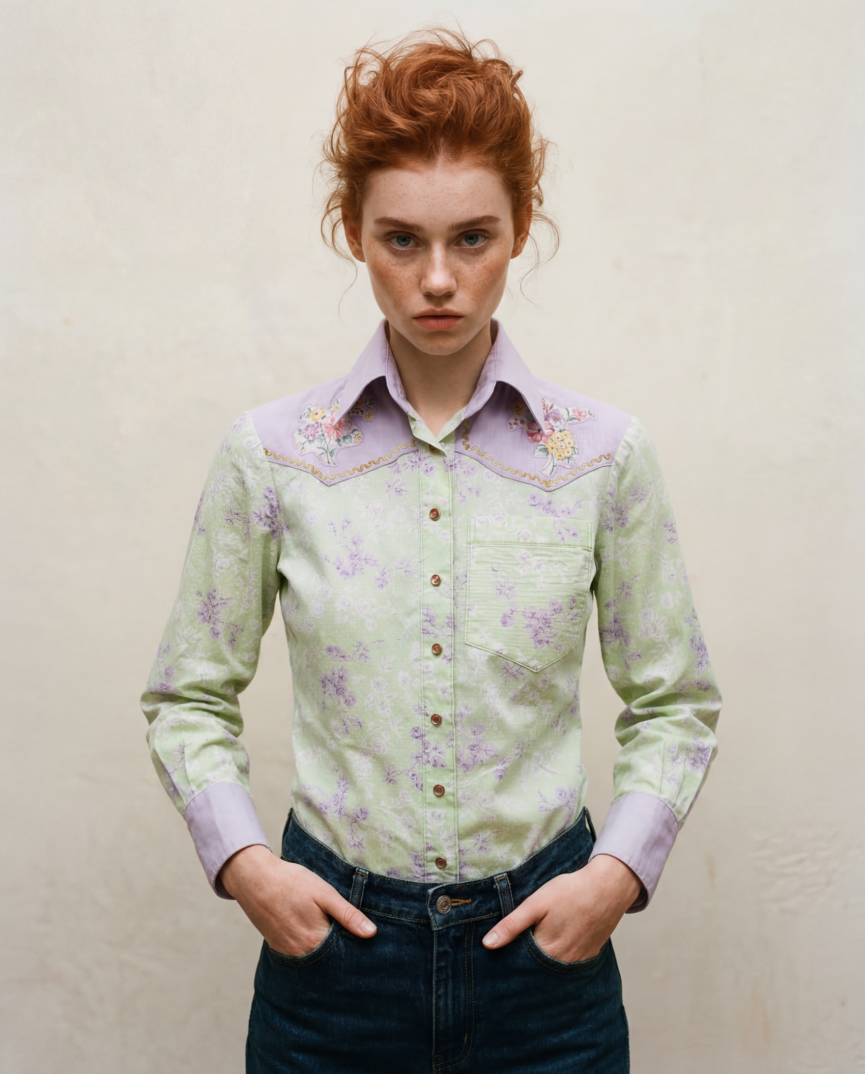 Vintage Pastel Floral Western Button-Up Shirt - S