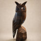 Hand-Carved Wooden Owl Sculpture on Natural Wood Base