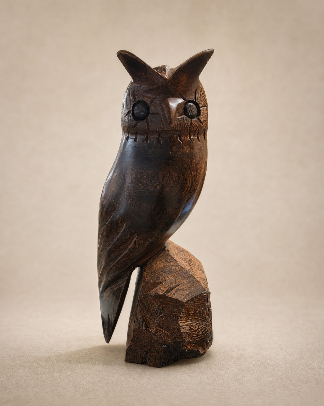 Hand-Carved Wooden Owl Sculpture on Natural Wood Base