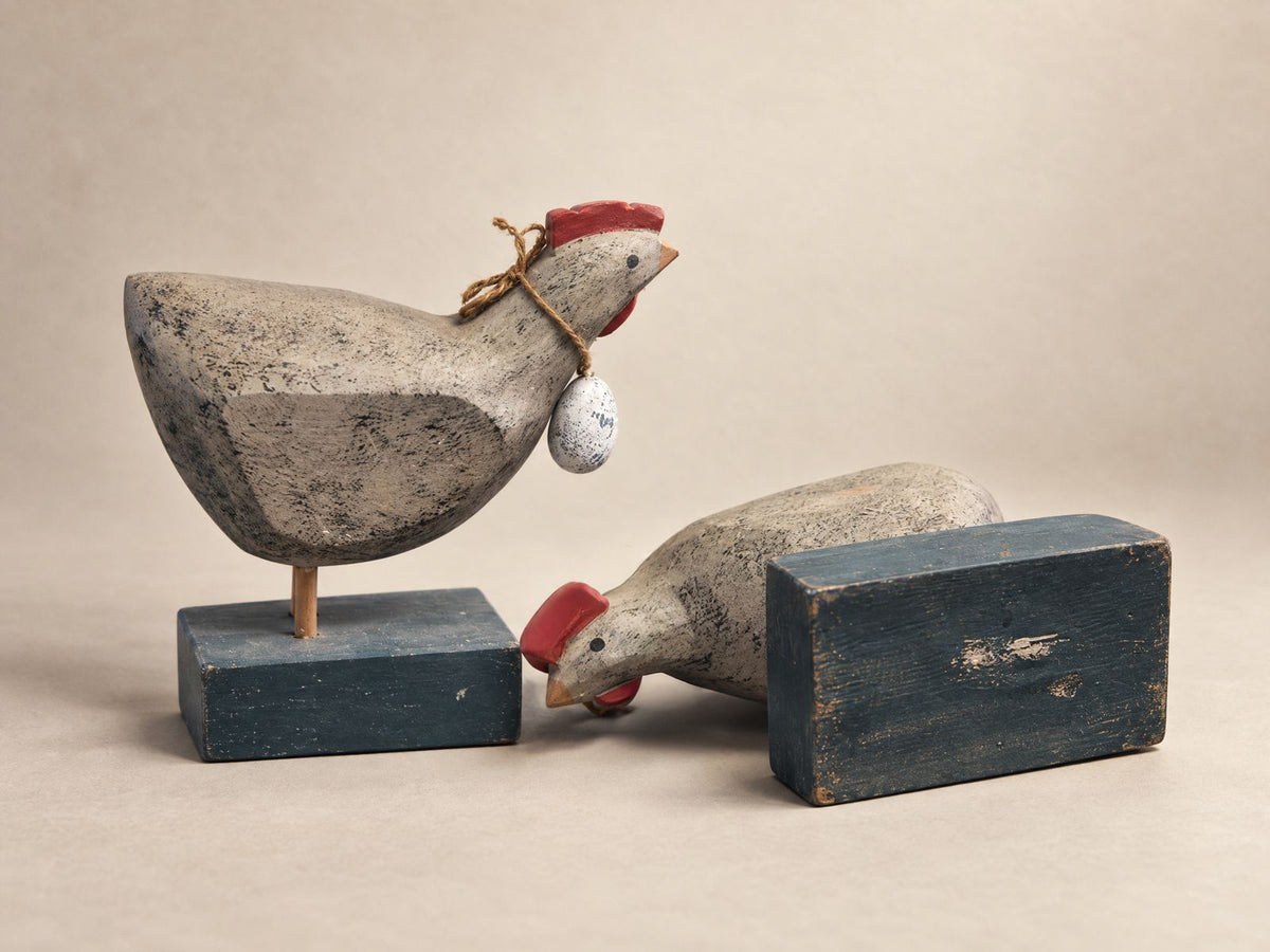 Pair of Rustic Wooden Hen Figures with Hanging Egg