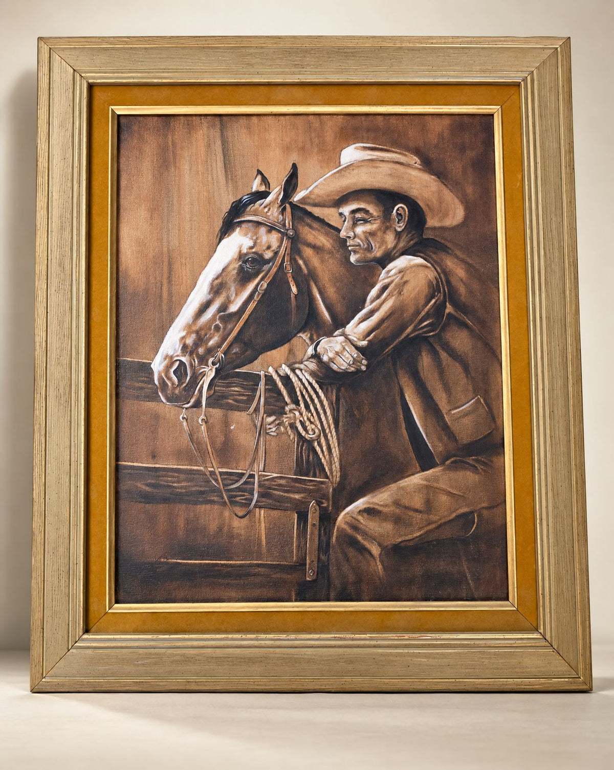 Vintage Western Cowboy & Horse Framed Canvas Print - 22" W x 26" L
