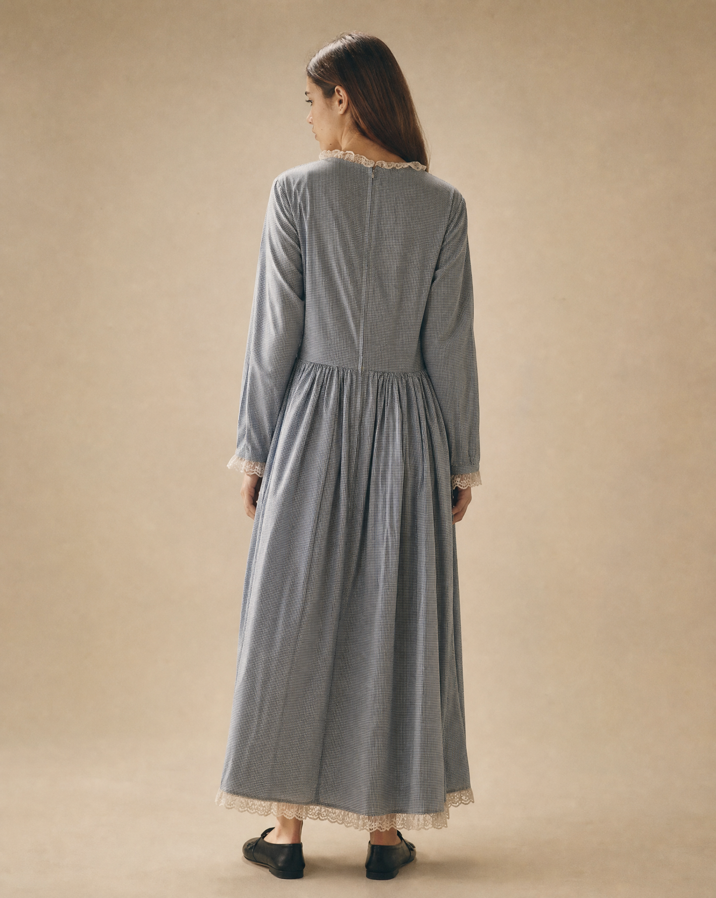 Vintage Blue Gingham Lace Trim Maxi Dress | Size L–XL