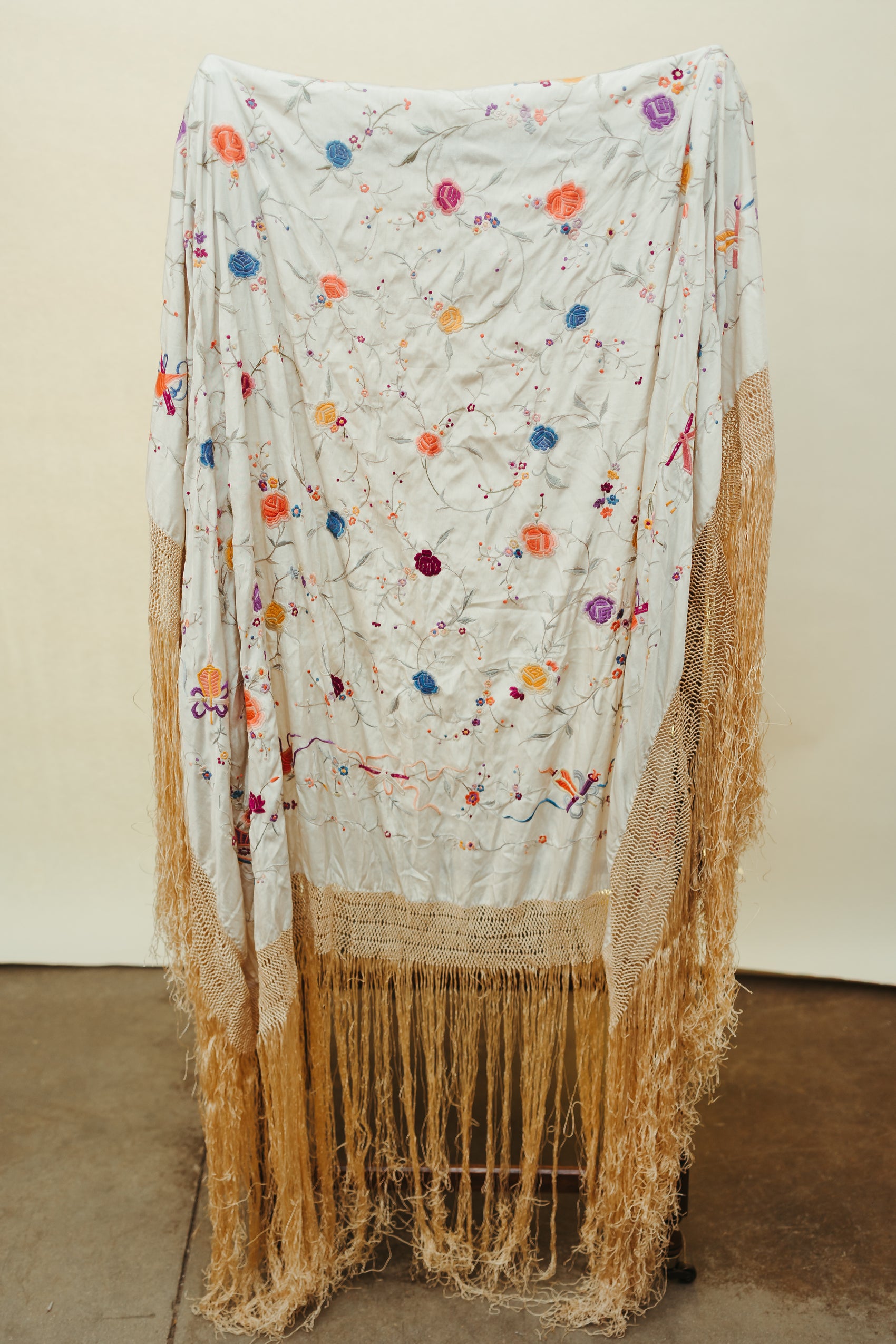 Vintage Embroidered Piano Shawl with Long Fringe