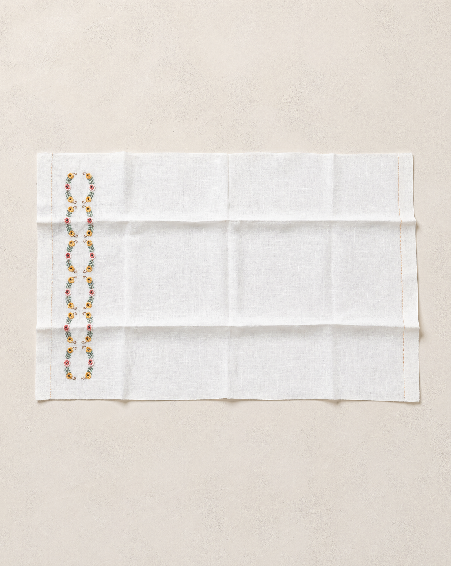 Vintage Linen Towel with Hand-Embroidered Floral Garland