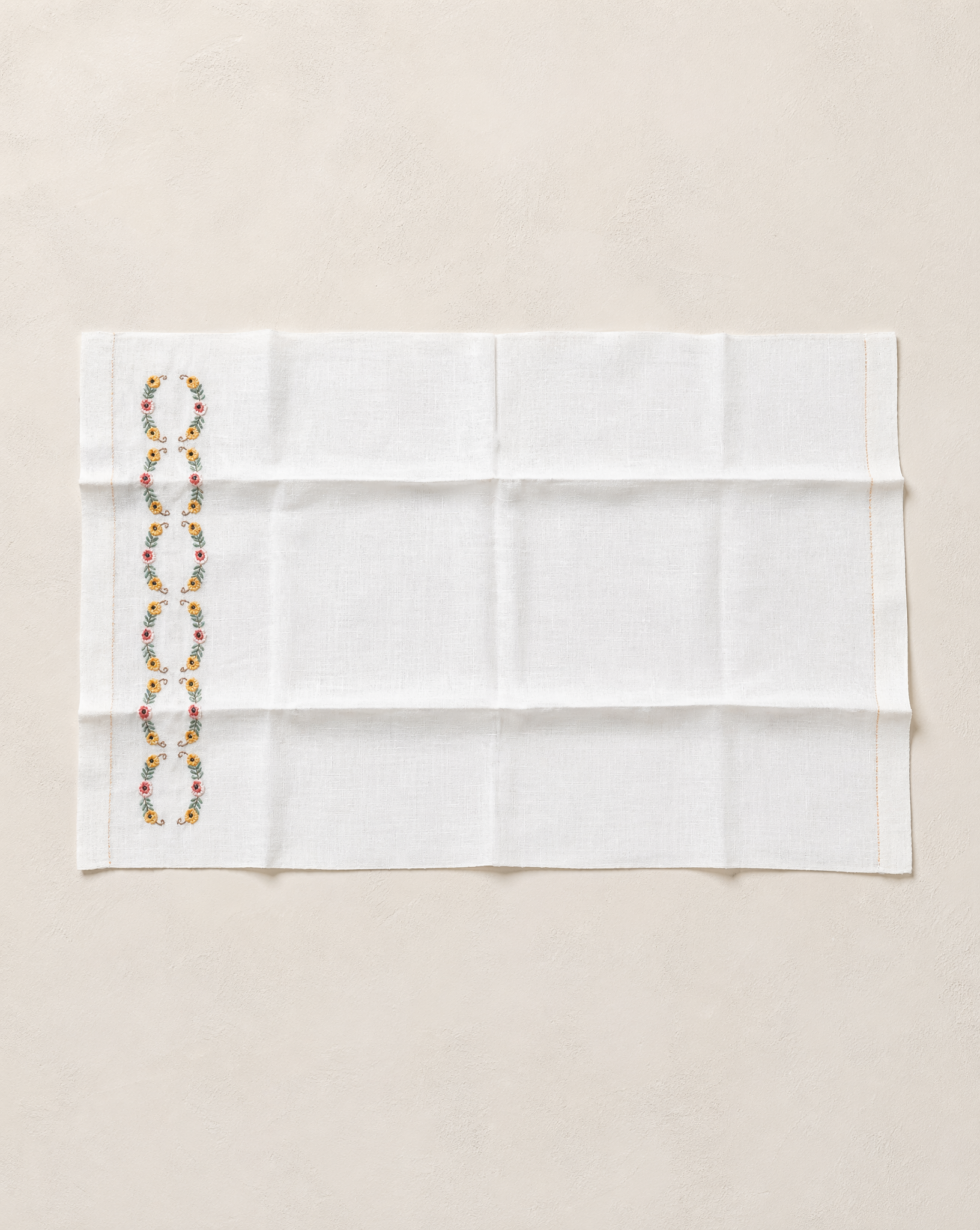 Vintage Linen Towel with Hand-Embroidered Floral Garland