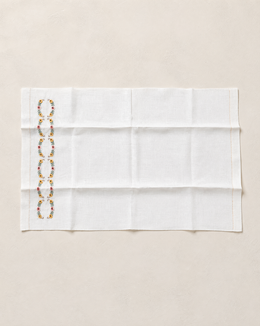 Vintage Linen Towel with Hand-Embroidered Floral Garland