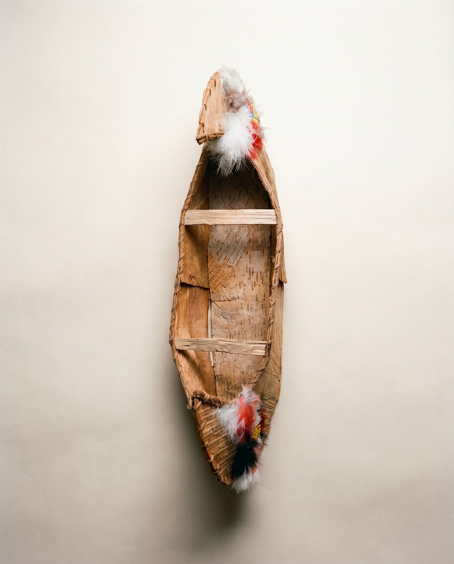 Vintage Handcrafted Birch Bark Canoe with Paddle & Fisherman Figure