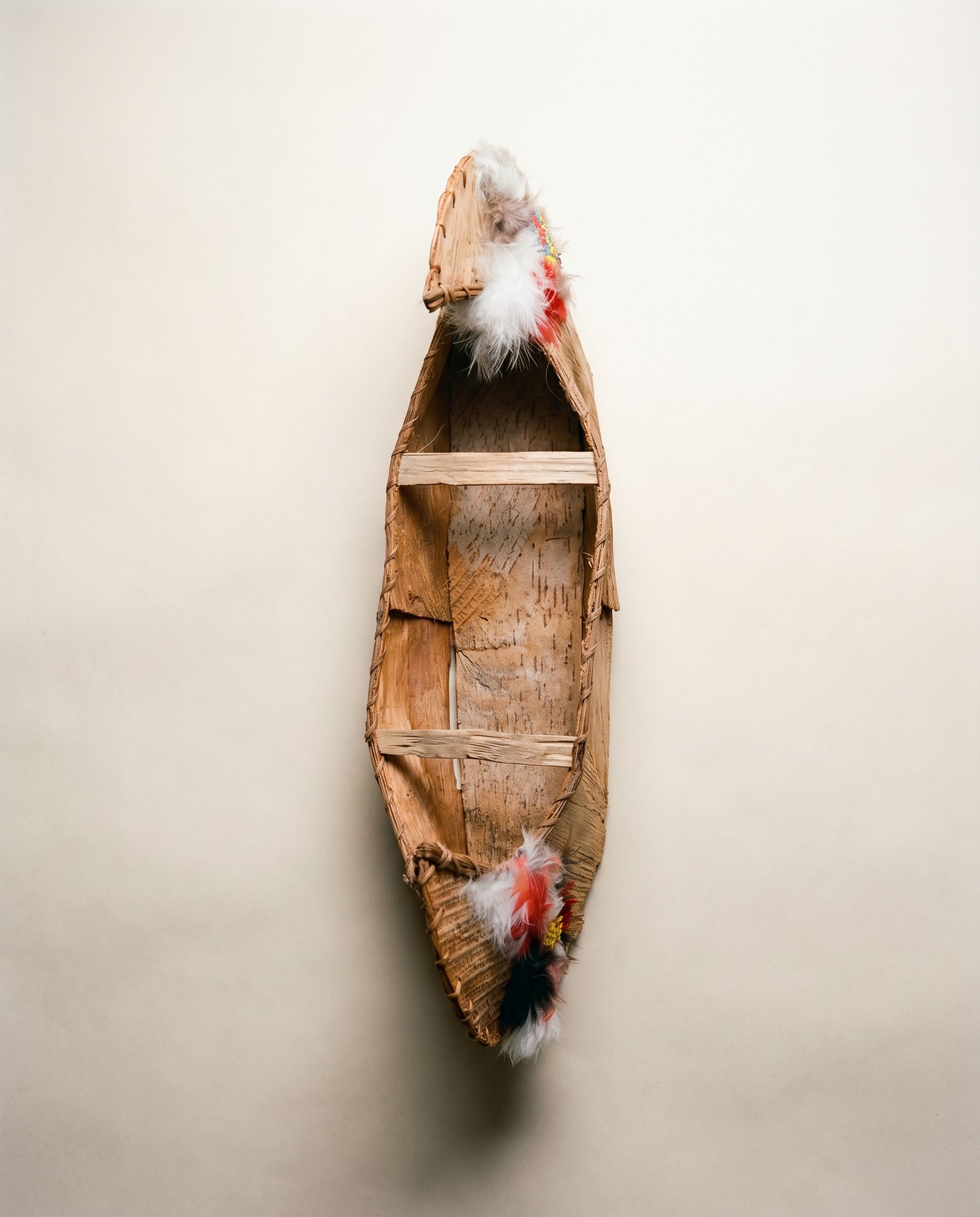 Vintage Handcrafted Birch Bark Canoe with Paddle & Fisherman Figure