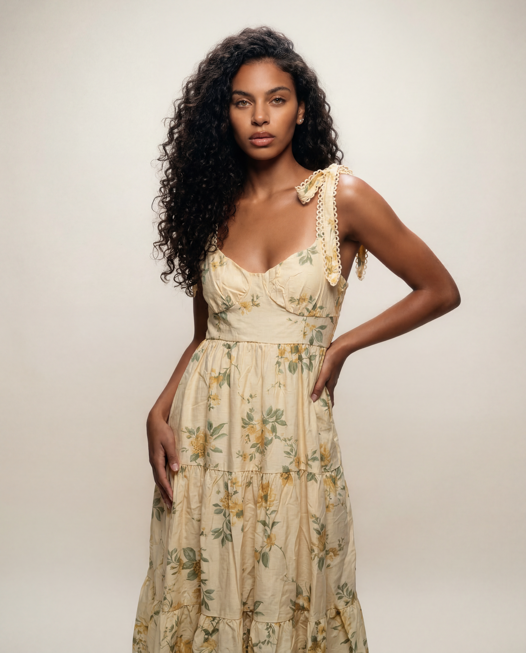 Yellow Floral Tiered Maxi Dress - L