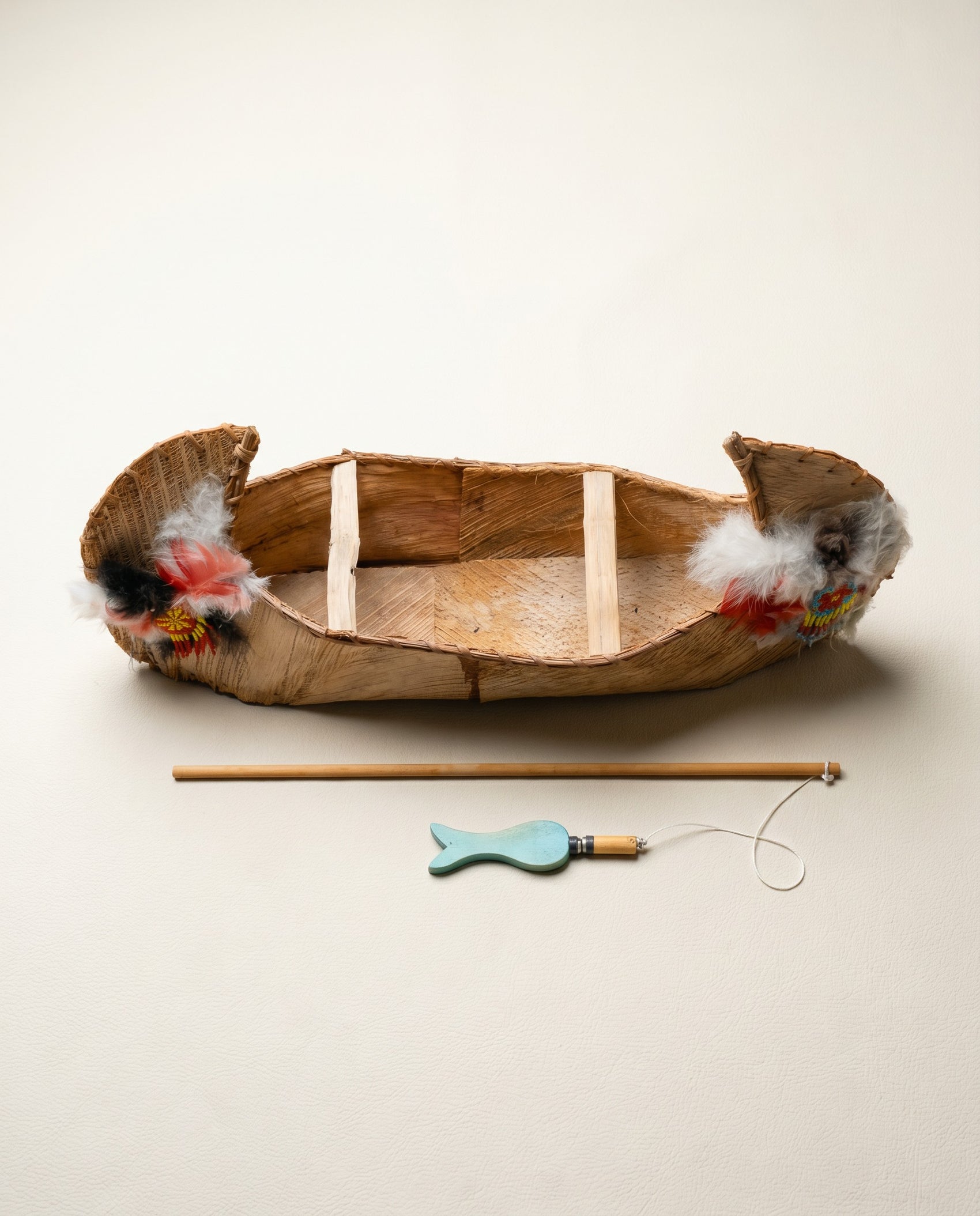 Vintage Handcrafted Birch Bark Canoe with Paddle & Fisherman Figure
