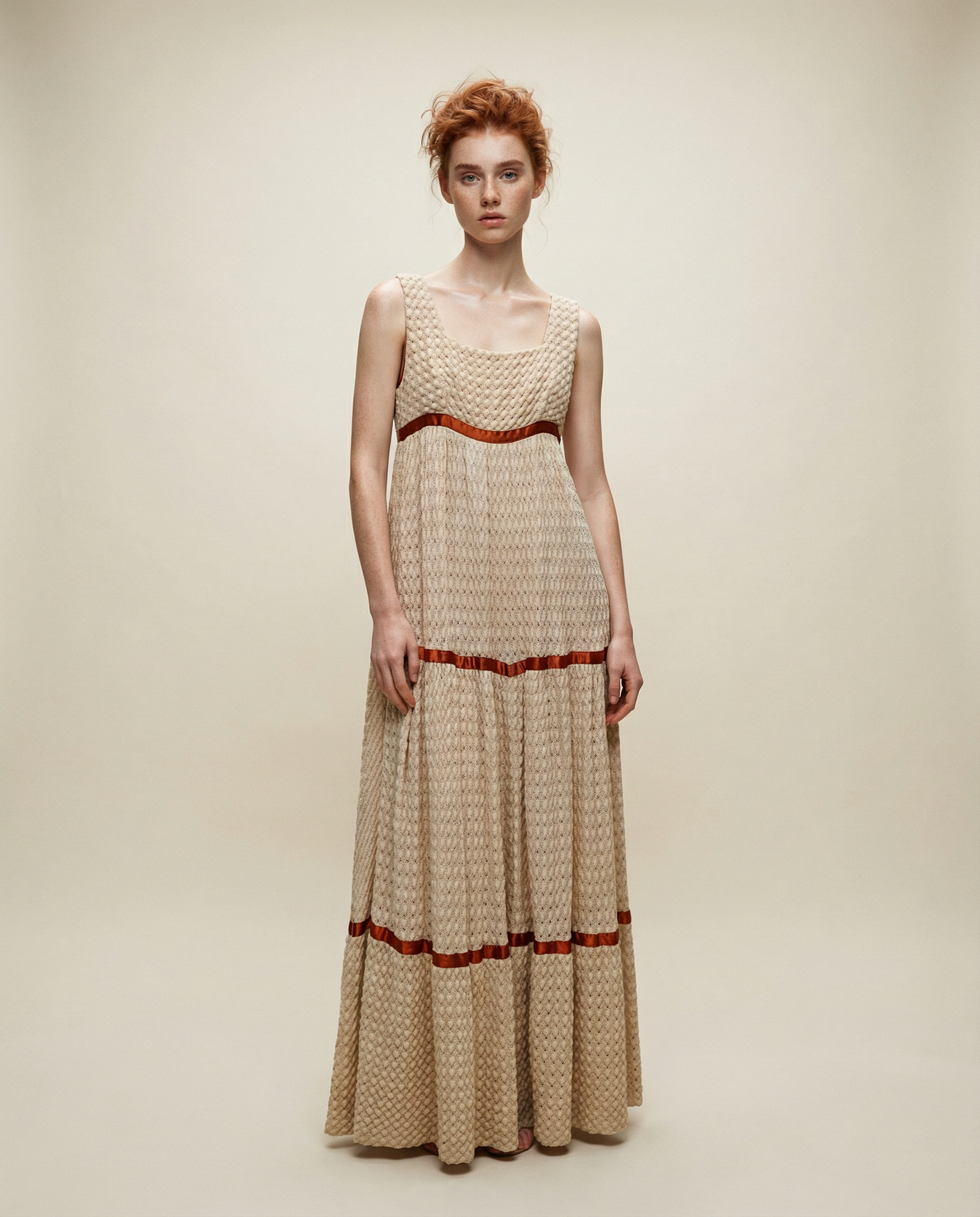 Vintage Lace Knit Maxi Dress with Satin Trim – Size Small