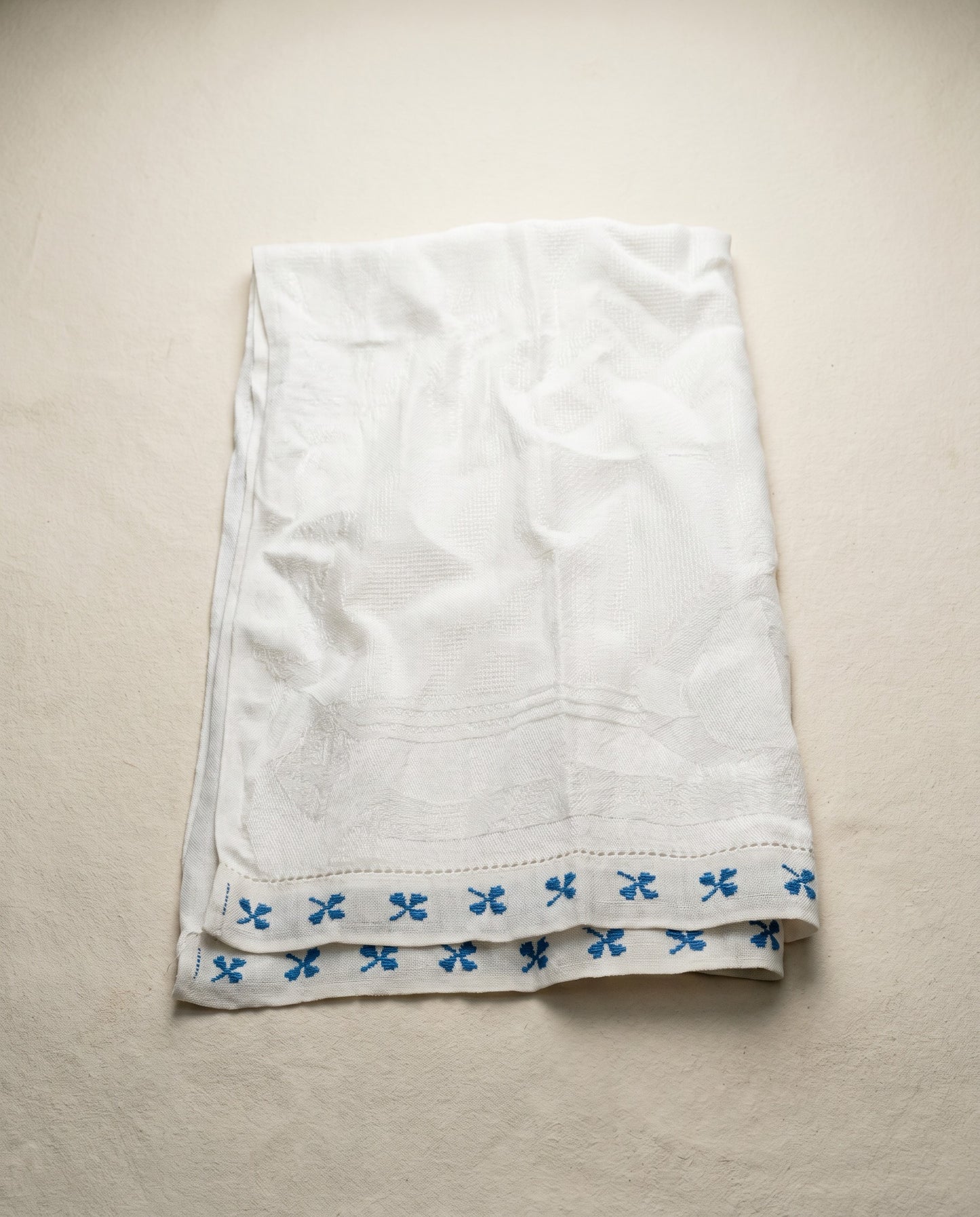 Vintage Linen Kitchen Towel with Blue Embroidered Trim