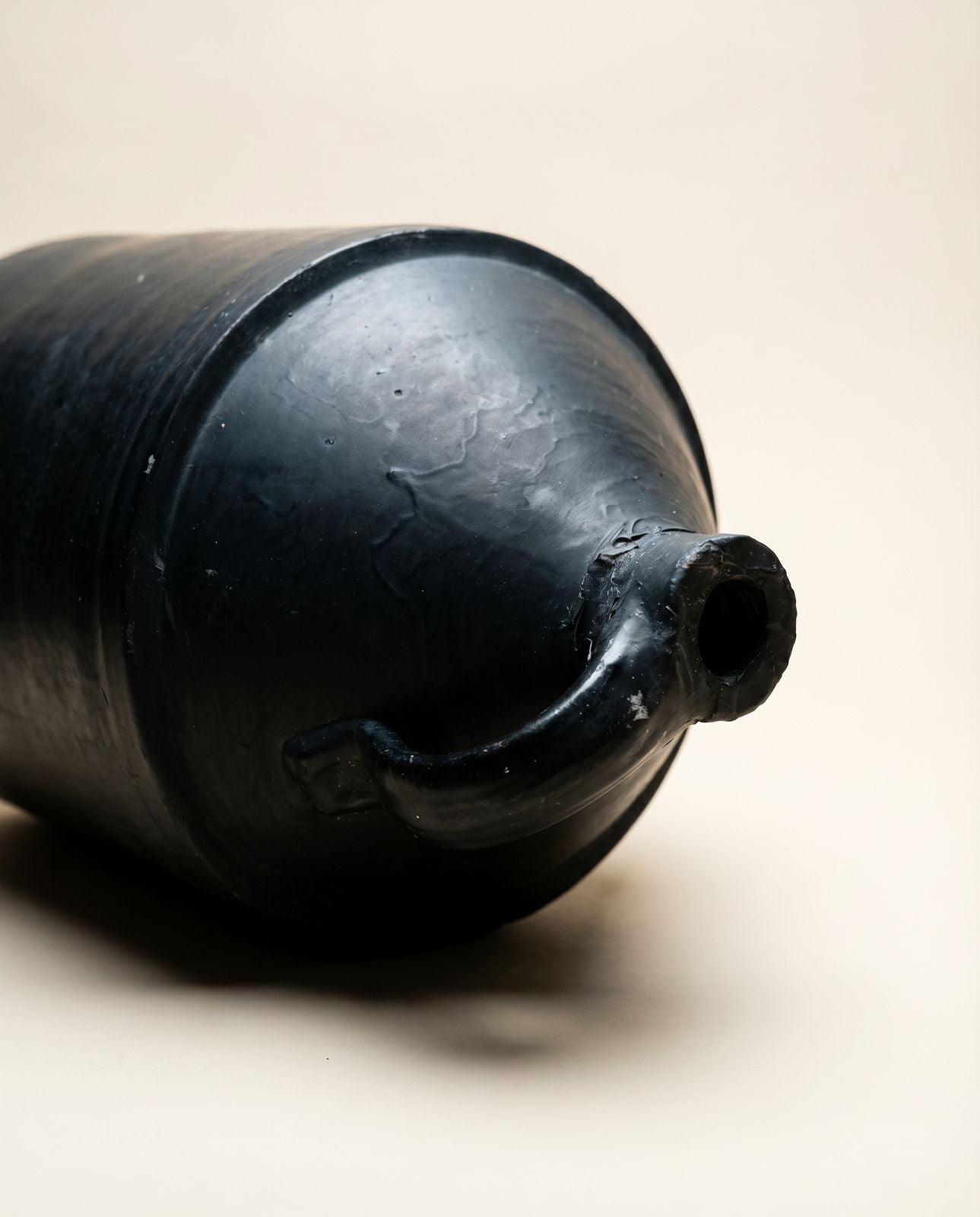 Antique Primitive Black Pottery Jug – Handled Stoneware Crock Vessel
