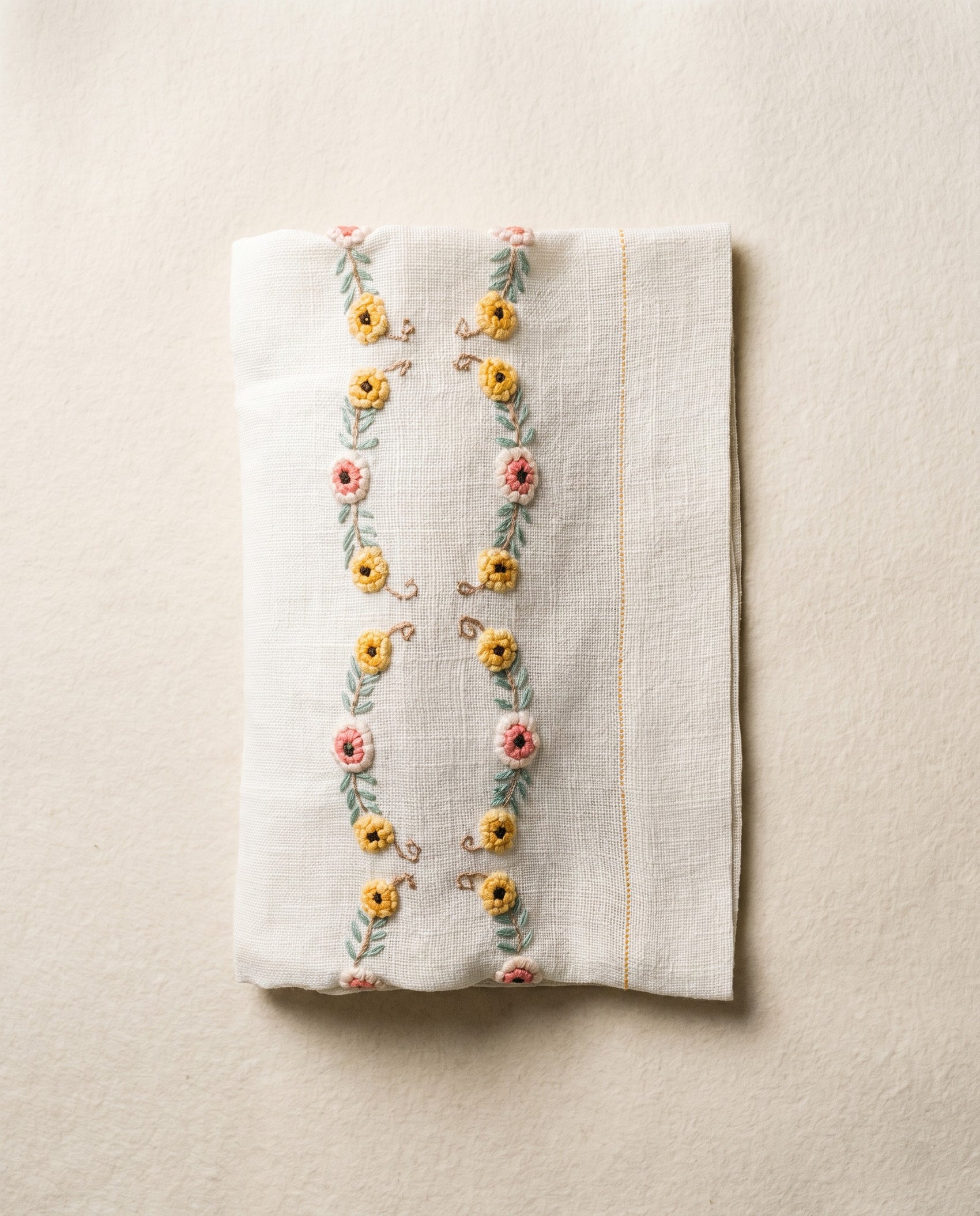 Vintage Linen Towel with Hand-Embroidered Floral Garland
