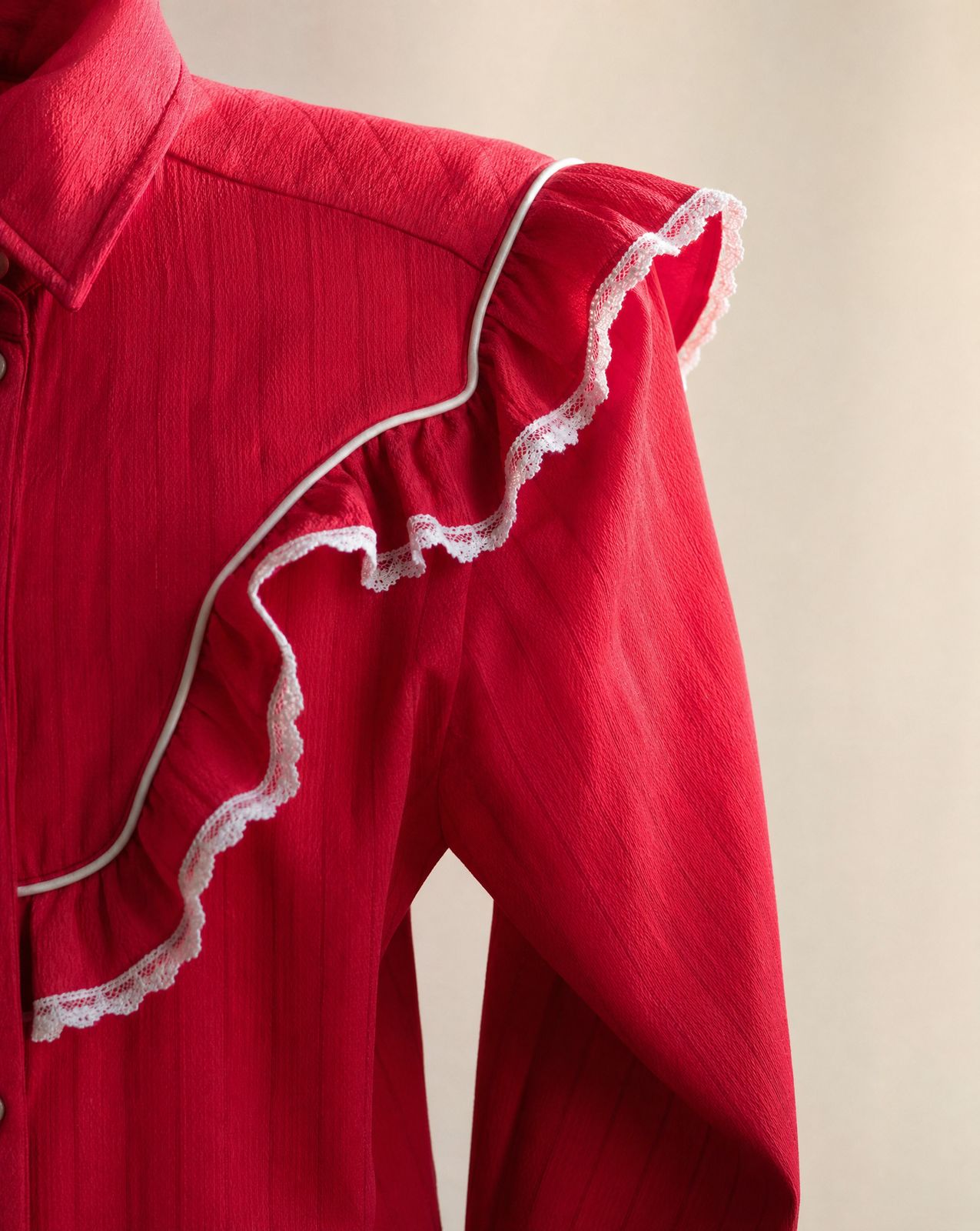 Vintage Red Western Ruffle Blouse | Size XS–S