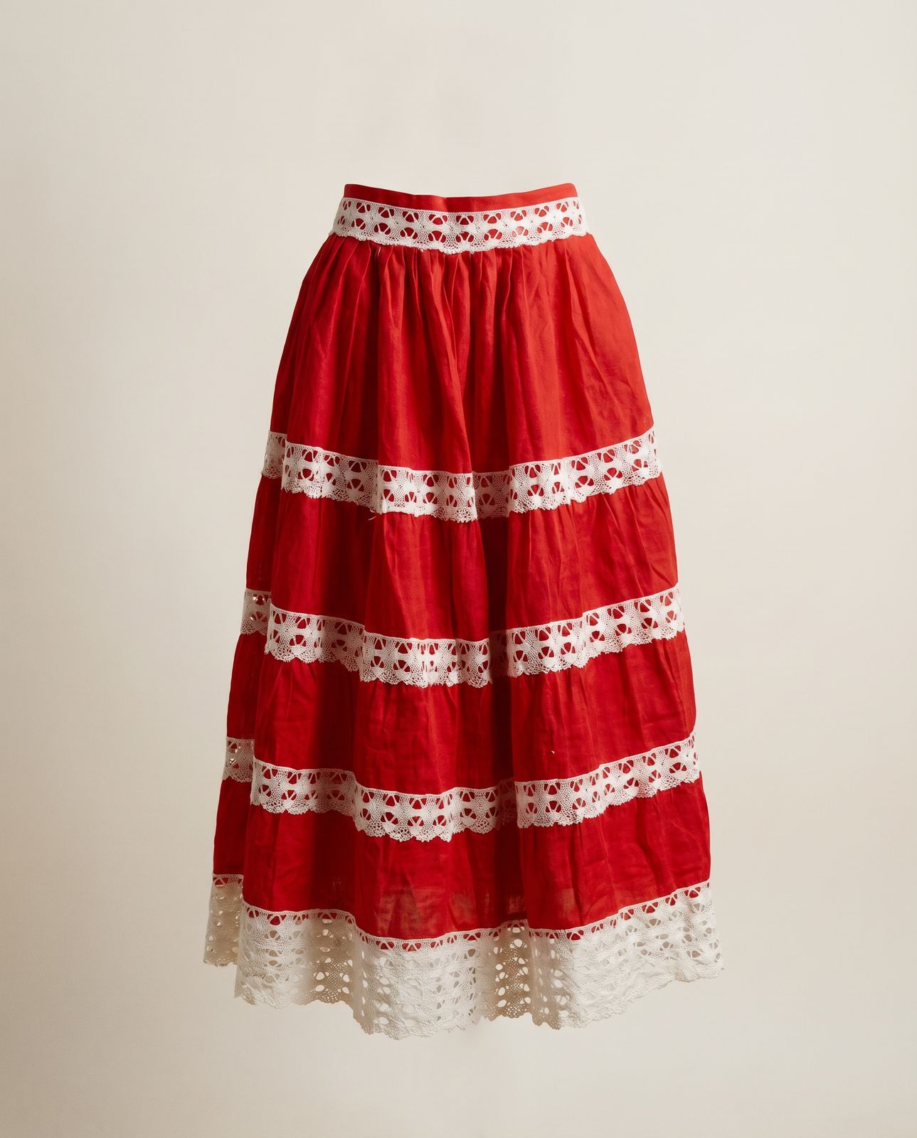 Vintage Red Prairie Skirt with White Eyelet Lace Tiers - M
