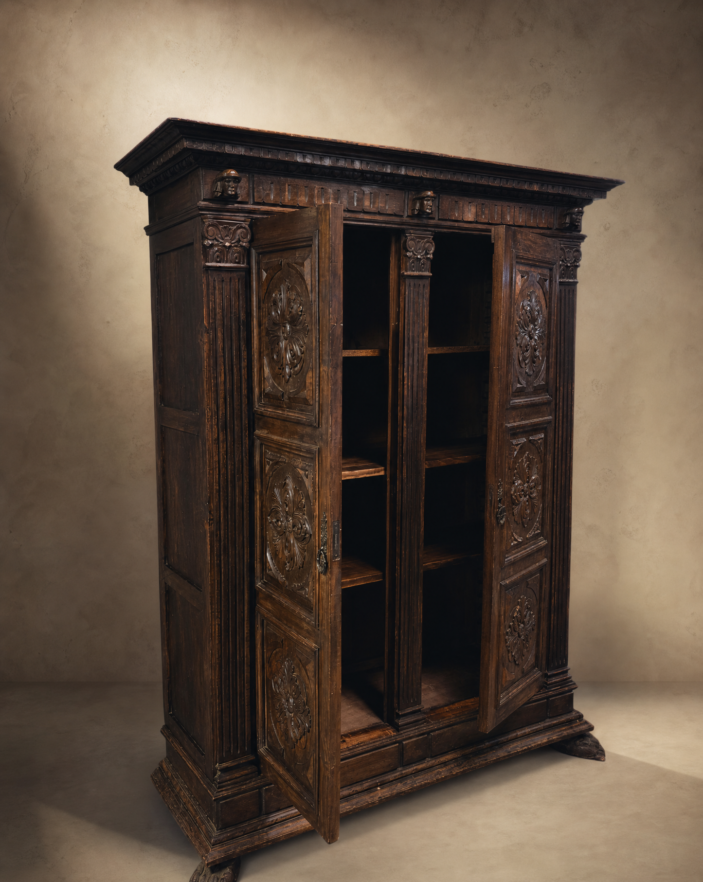 French Renaissance Revival Carved Walnut Armoire Cabinet