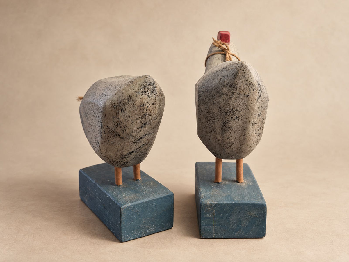 Pair of Rustic Wooden Hen Figures with Hanging Eggs