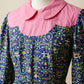 Vintage Novelty Print Peter Pan Collar Dress – Navy & Pink Folk Floral Midi - SML