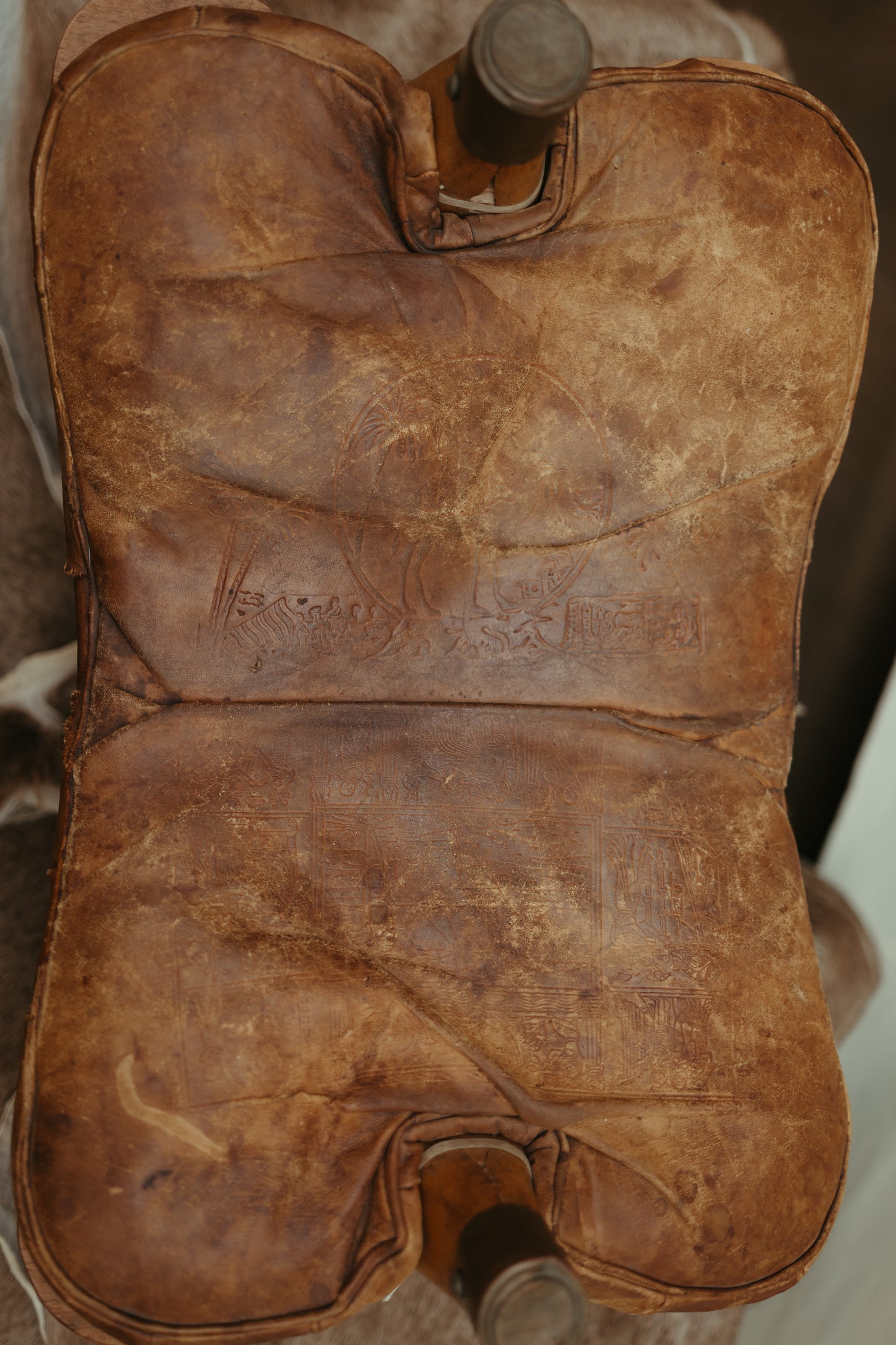 Antique Leather & Wood Camel Saddle Stool – Rare Decorative Piece
