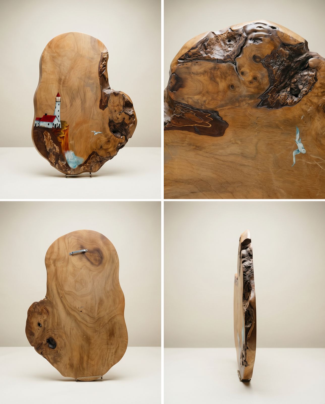 Hand-Painted Live Edge Wood Slab Wall Art – Lighthouse Coastal Scene