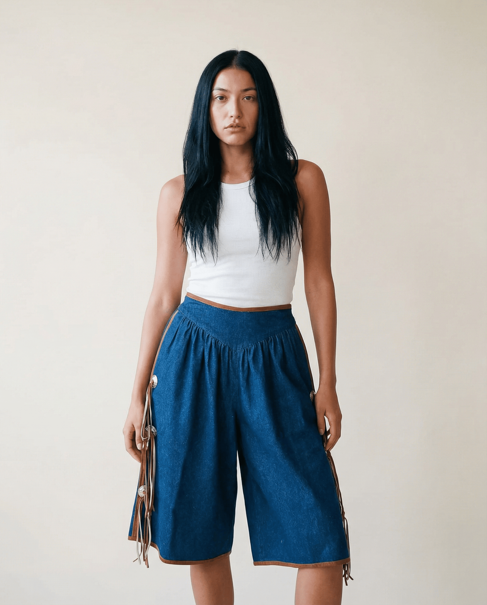 1970s Denim Gaucho Culottes with Leather Fringe and Conchos