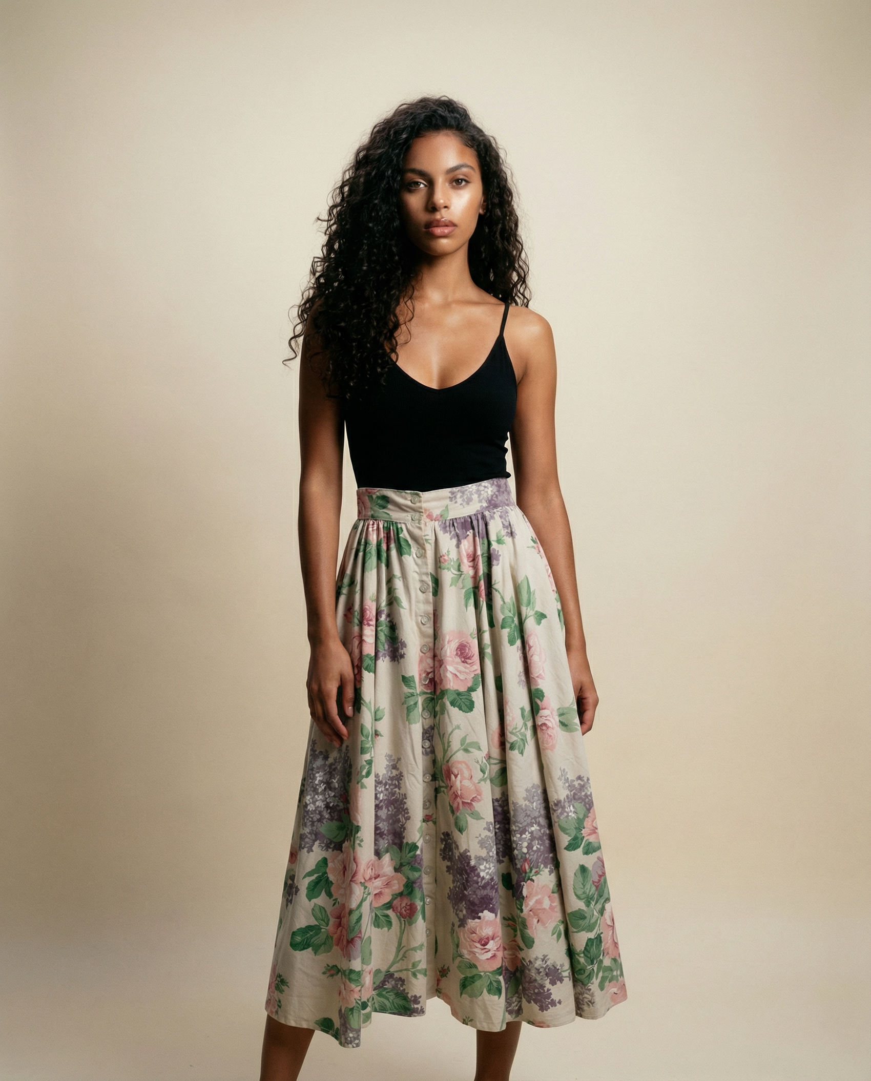 Vintage Floral Button Front Midi Skirt
