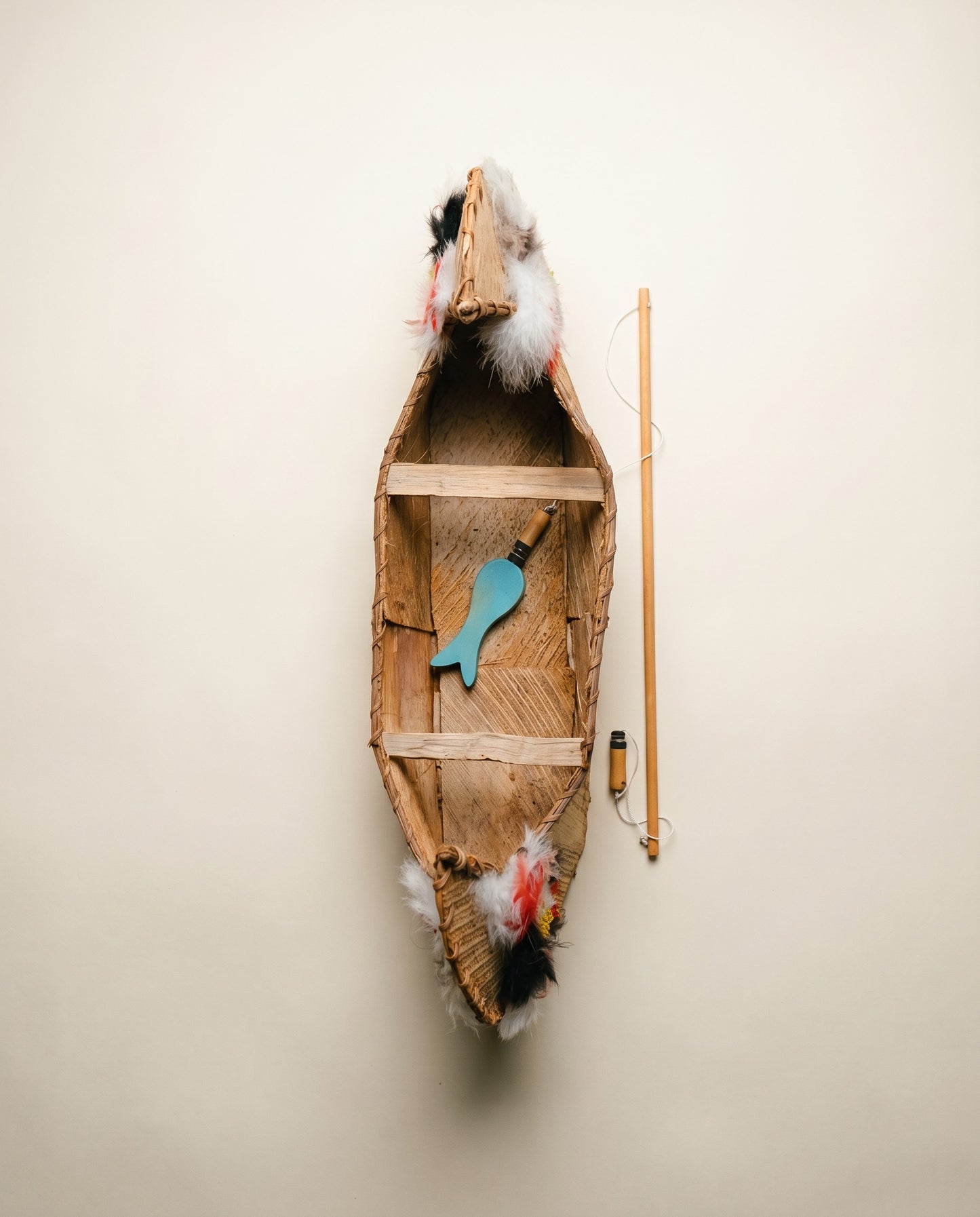 Vintage Handcrafted Birch Bark Canoe with Paddle & Fisherman Figure
