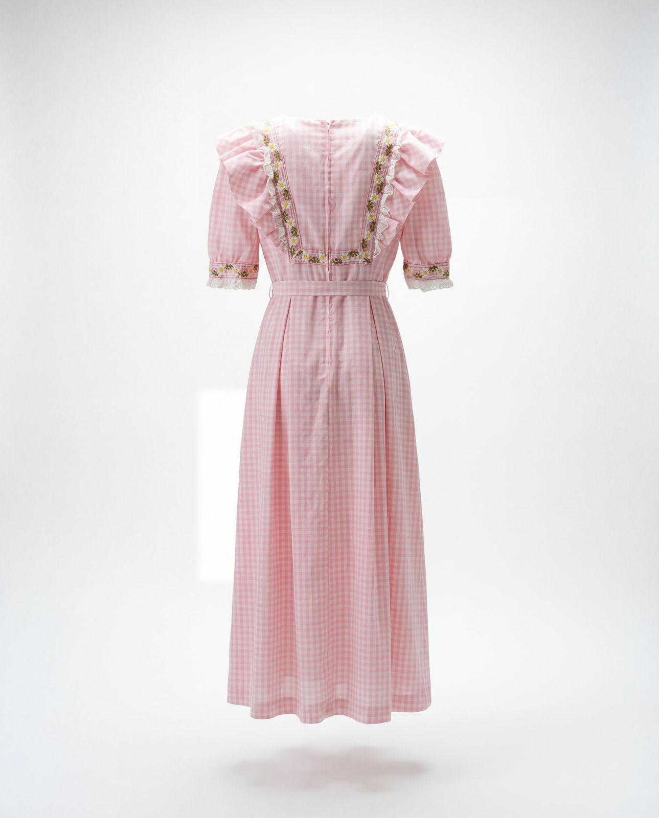 Vintage Pink Gingham Lace Trim Prairie Maxi Dress