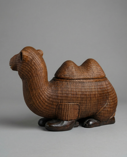Vintage Woven Rattan Camel Storage Box