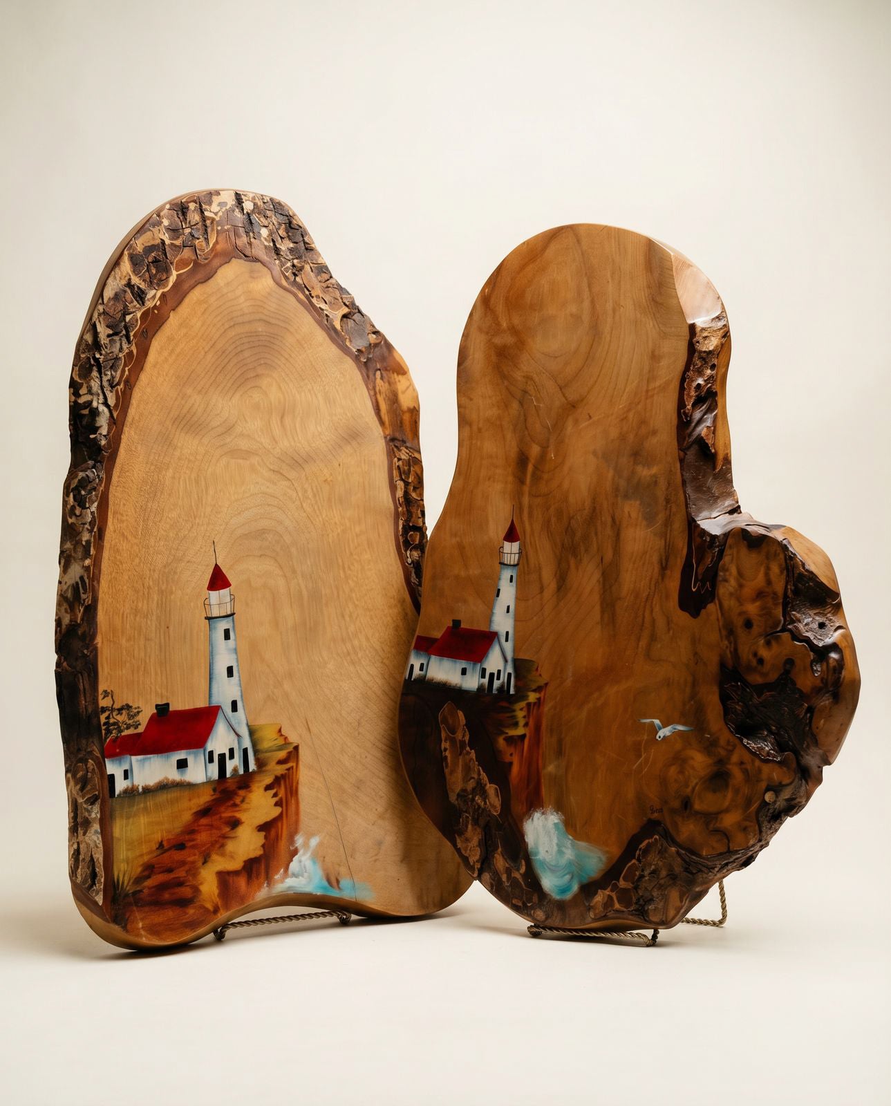 Hand-Painted Live Edge Wood Slab Wall Art – Lighthouse Coastal Scene