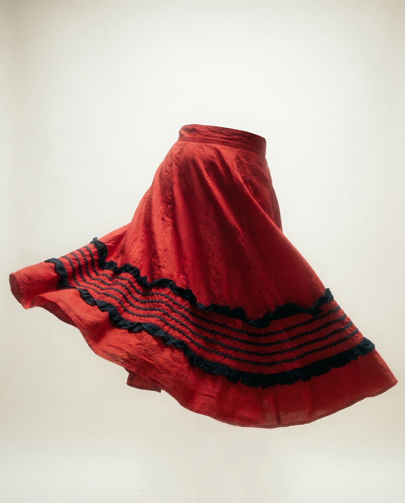 Vintage Red Polka Dot Prairie Skirt w/ Black Ruffle Trim