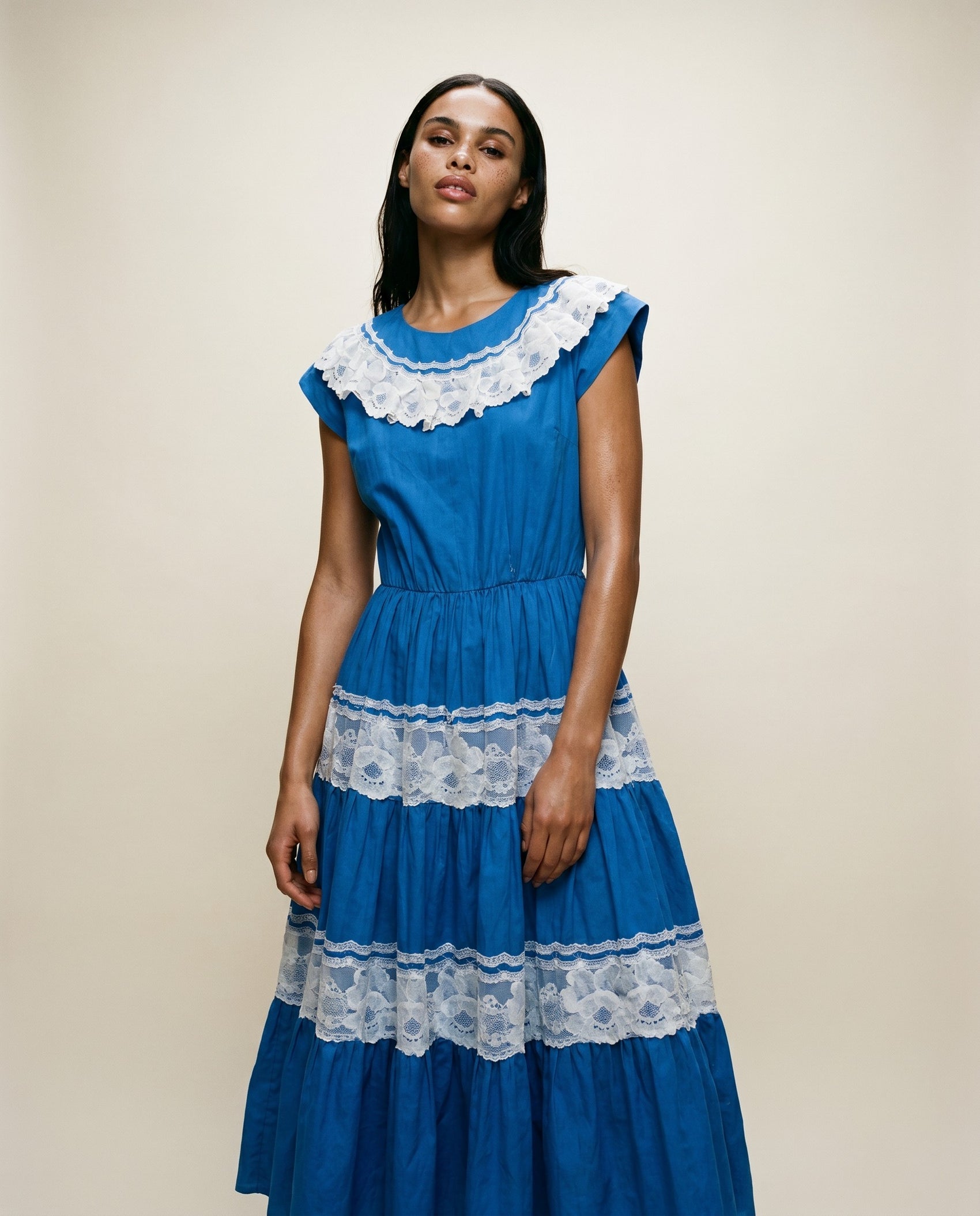 Vintage Cobalt Blue Lace Tiered Midi Dress