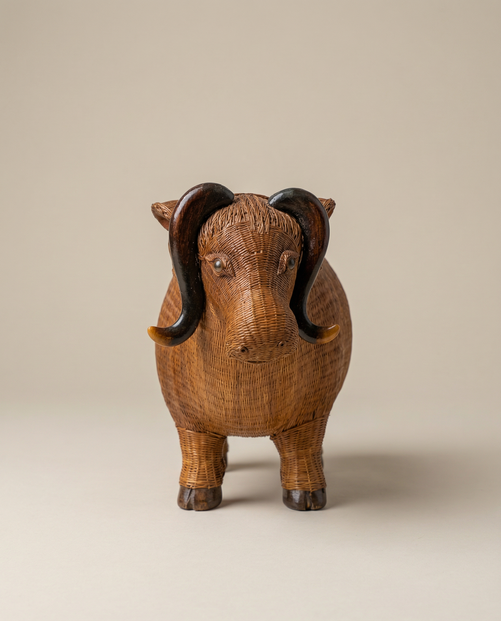 Vintage Woven Rattan Buffalo Figurine