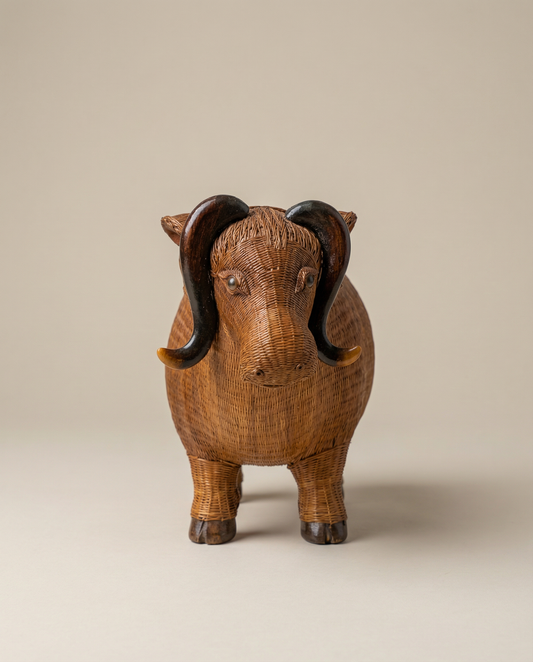 Vintage Woven Rattan Buffalo Figurine