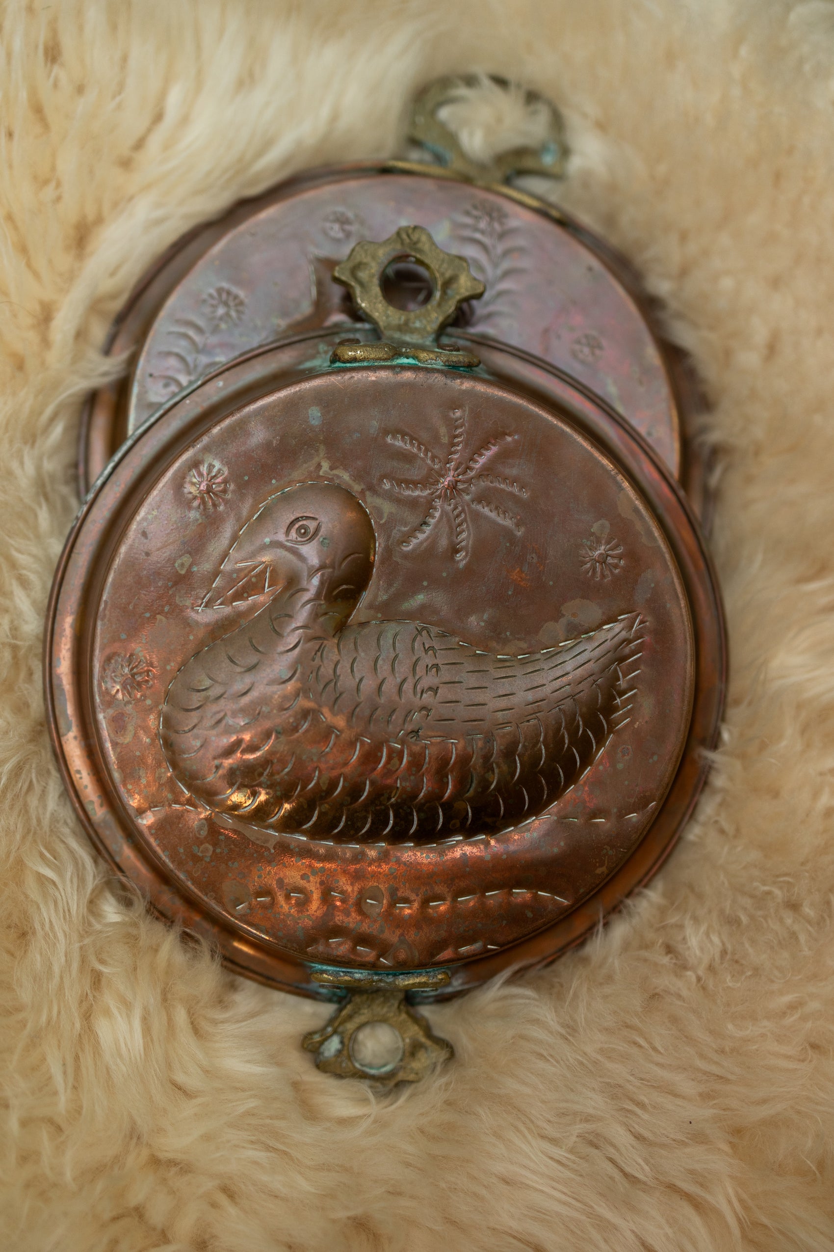 Set of Embossed Copper Wall Plaques — Rooster & Duck
