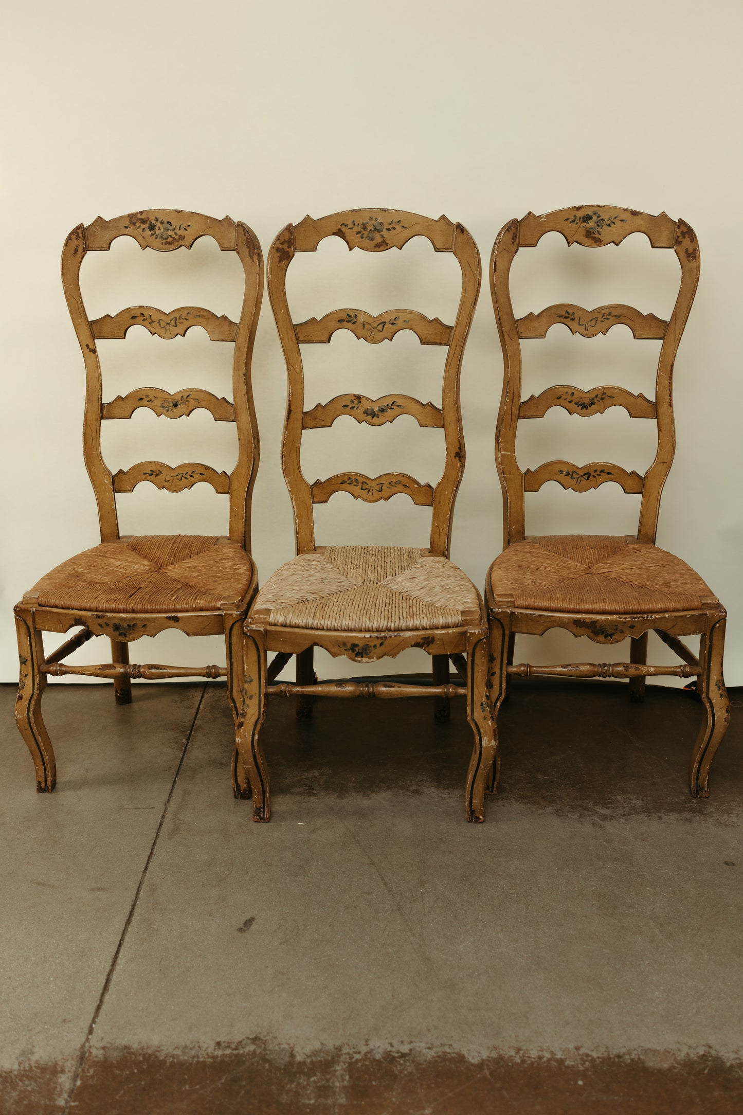 Hand-Painted Rush Seat Ladderback Chairs — Set of 3 (48” H)