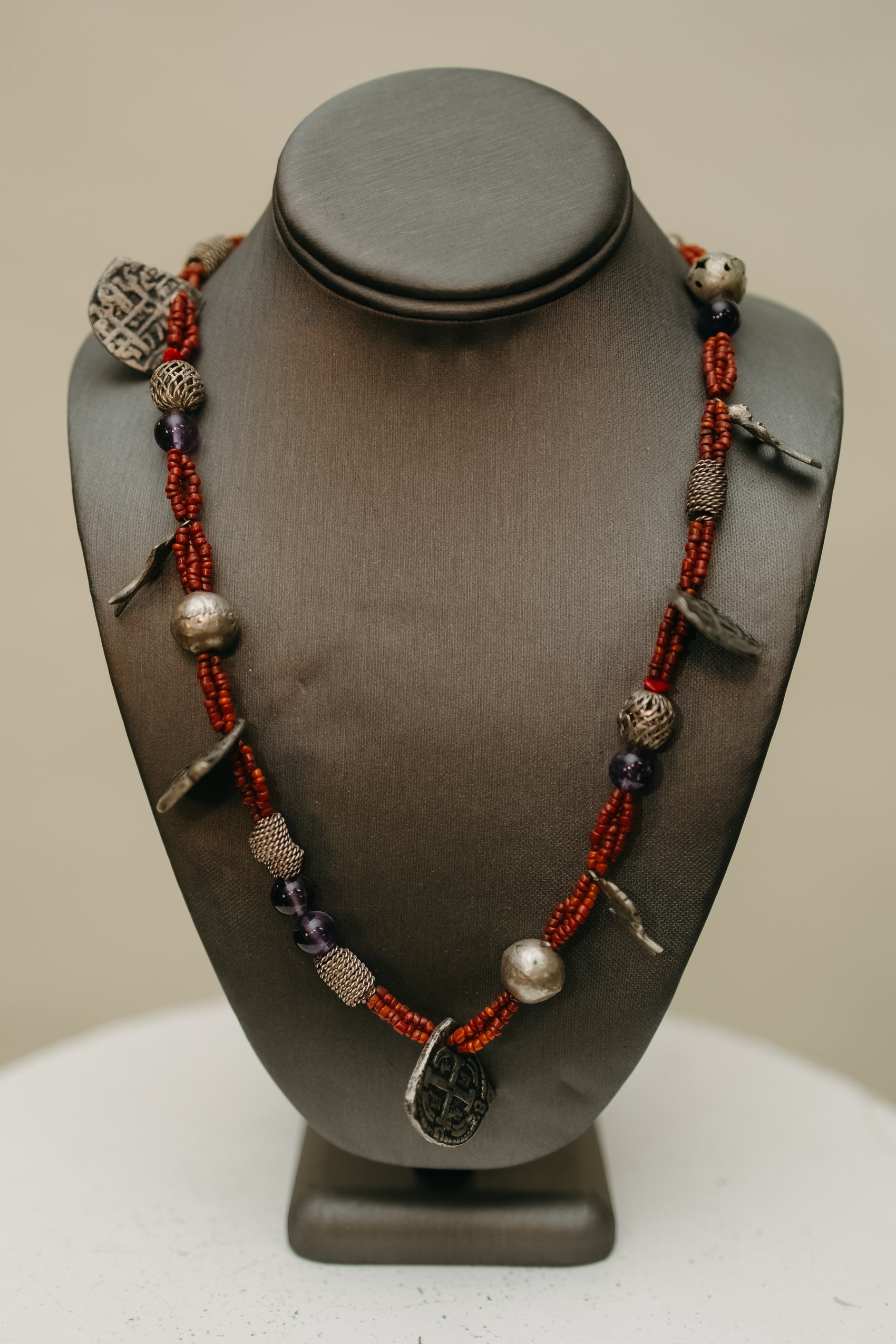 Hand-Strung Tribal Amulet & Silver Charm Necklace