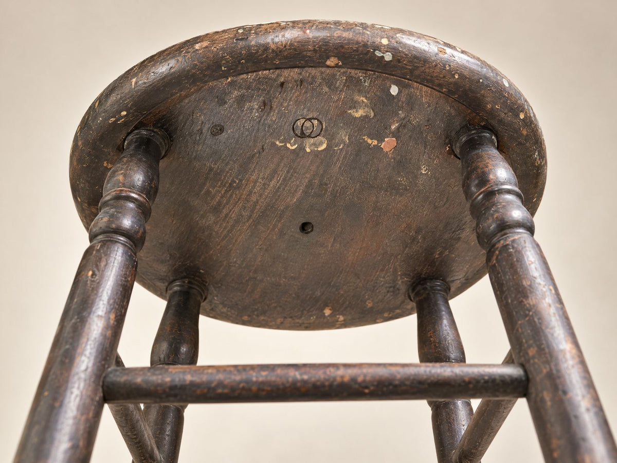 Antique Primitive Turned Wood Tall Stool with Maker’s Mark
