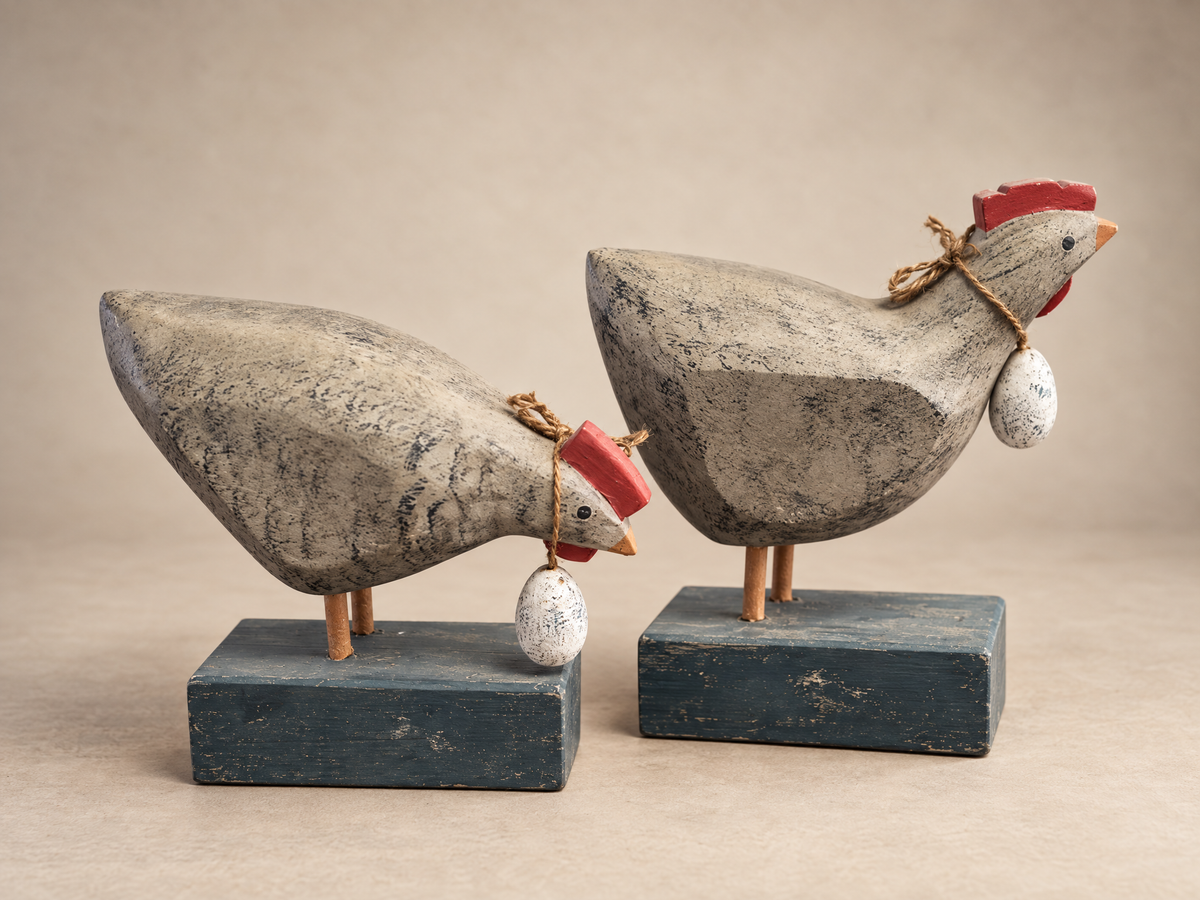 Pair of Rustic Wooden Hen Figures with Hanging Eggs