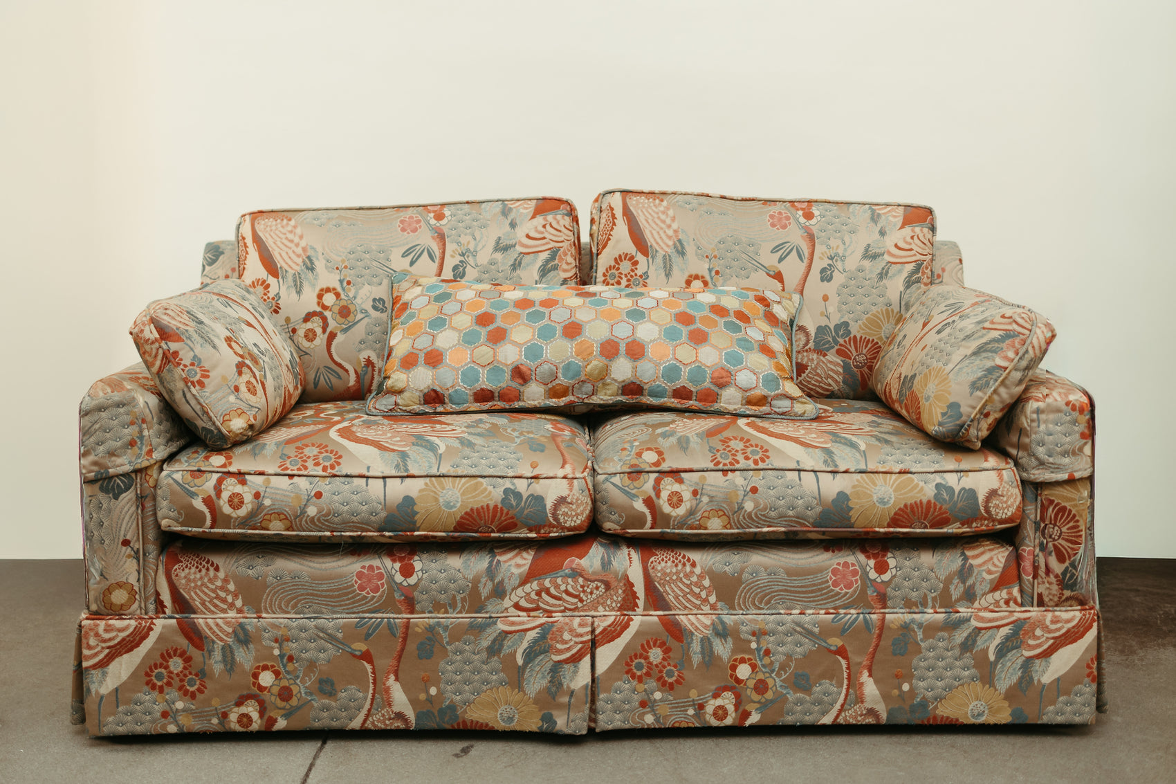 Vintage Upholstered Loveseat – Chinoiserie Crane & Floral Pattern