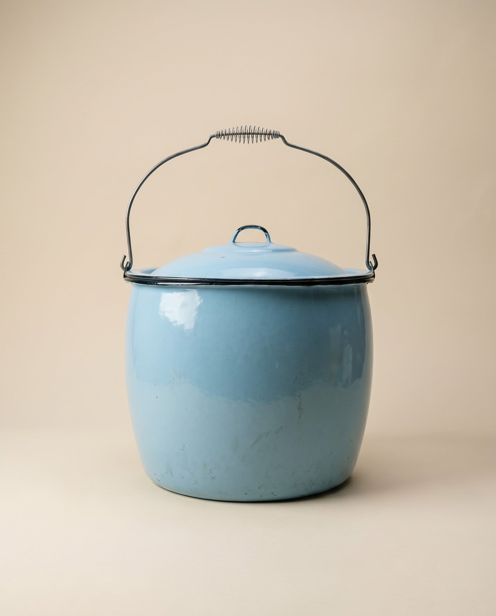 Vintage Light Blue Enamelware Lidded Pot with Bail Handle