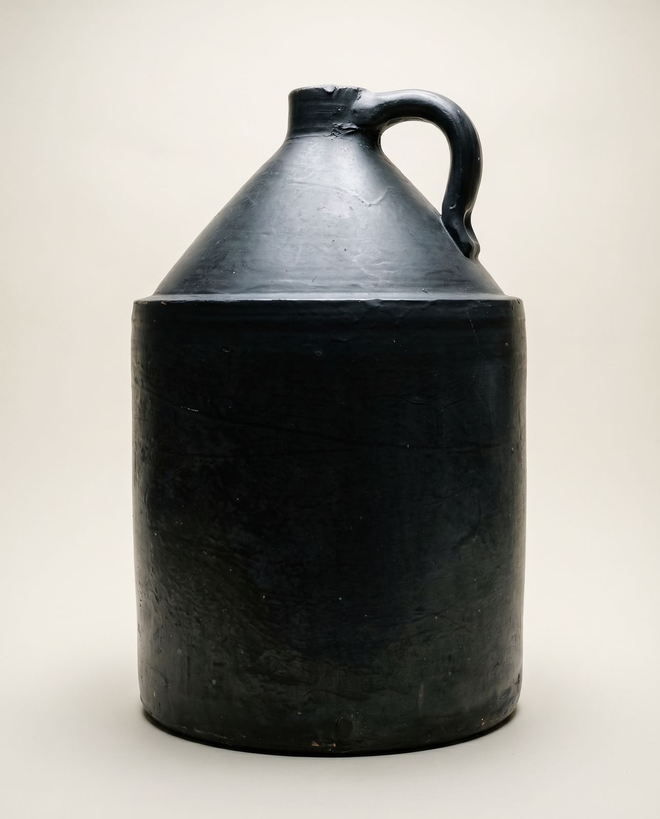 Antique Primitive Black Pottery Jug – Handled Stoneware Crock Vessel