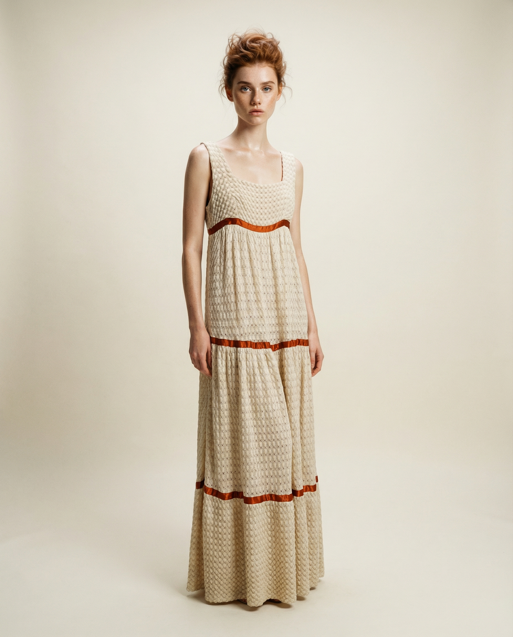 Vintage Lace Knit Maxi Dress with Satin Trim – Size Small