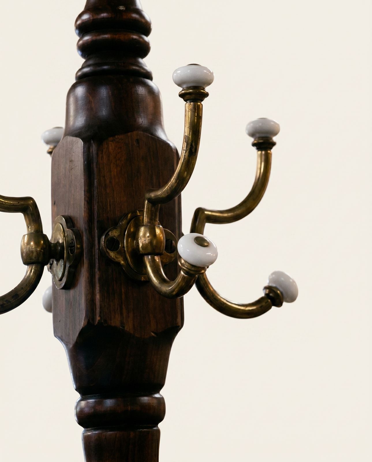 Vintage Oak Hall Tree Coat Rack with Porcelain Hooks