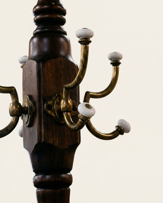 Vintage Oak Hall Tree Coat Rack with Porcelain Hooks