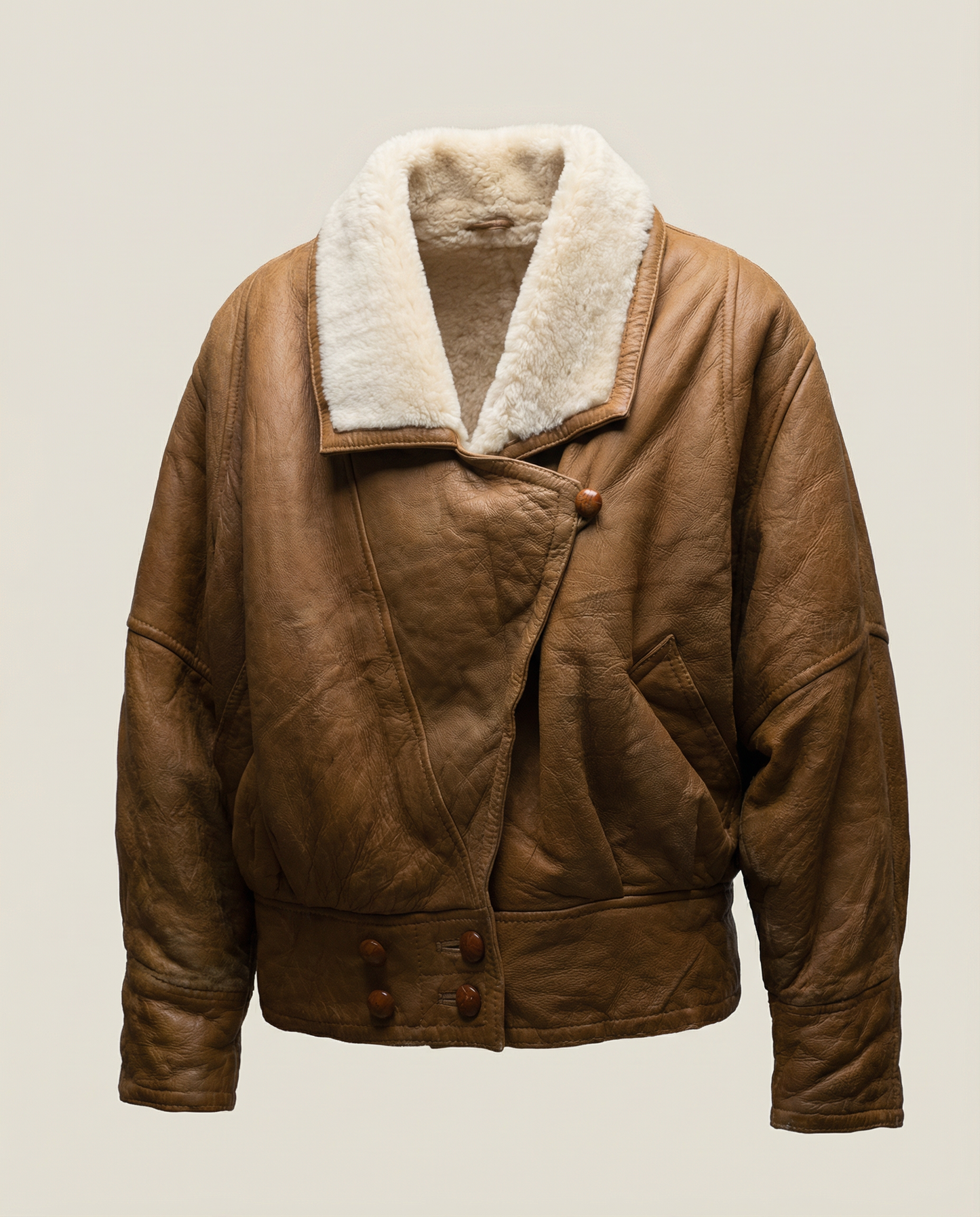 Vintage Brown Shearling Leather Jacket with Cream Wool Lining – Size M